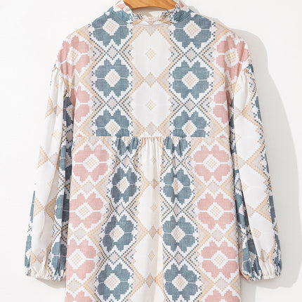 Khaki Geometric Print Tassel Tie Split Neck Balloon Sleeve Blouse