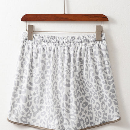 White Leopard Elastic Waistband Lace up Contrast Trim Casual Shorts