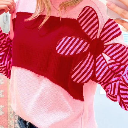 Pink Floral Patch Color Block Striped Sleeve Textured Top Dear-Lover Dropshipping