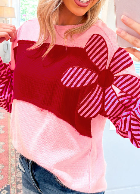 Pink Floral Patch Color Block Striped Sleeve Textured Top
