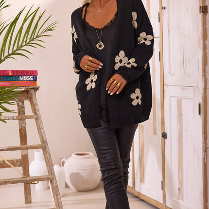 Black Floral Print Knitted Open Front Loose Cardigan