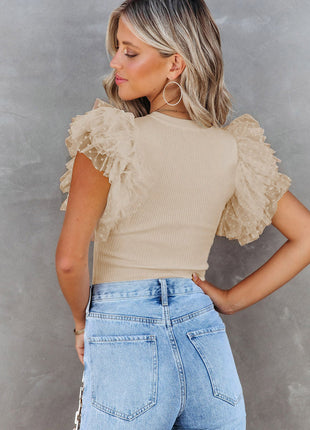 Apricot Dotty Mesh Ruffle Sleeve Ribbed Knit Top