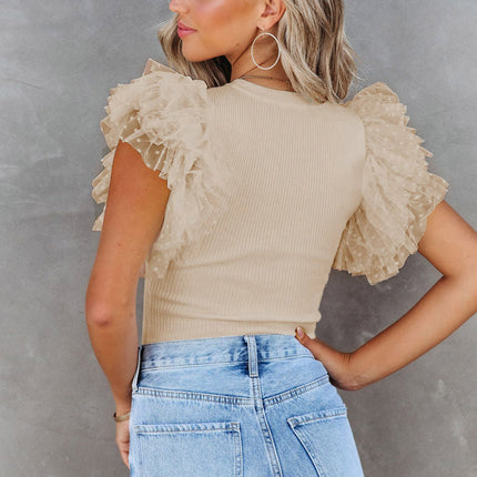 Apricot Dotty Mesh Ruffle Sleeve Ribbed Knit Top