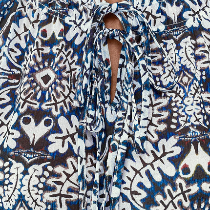 Blue Tribal Print Lace-up Frilled Neck Puff Sleeve Blouse
