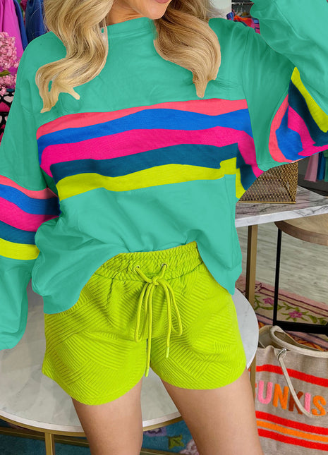 Green Colorful Striped Accent Long Sleeve T Shirt