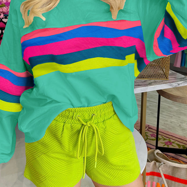 Green Colorful Striped Accent Long Sleeve T Shirt