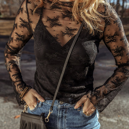 Black Lace Mesh Crochet Splicing Slim Fit Long Sleeve Blouse