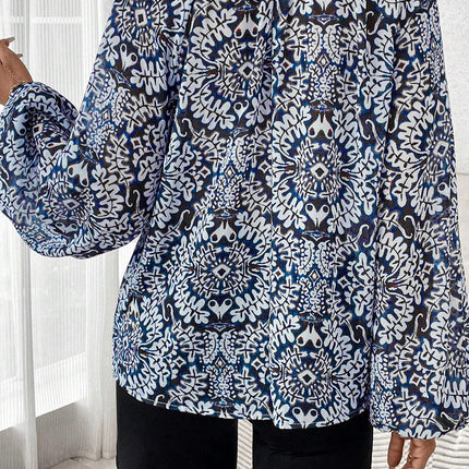 Blue Tribal Print Lace-up Frilled Neck Puff Sleeve Blouse