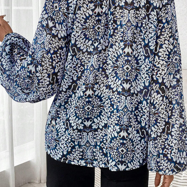 Blue Tribal Print Lace-up Frilled Neck Puff Sleeve Blouse