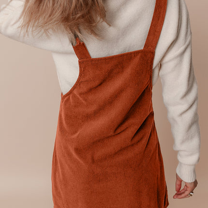 Cinnamon Solid Front Pockets Sleeveless Corduroy Overall Dress