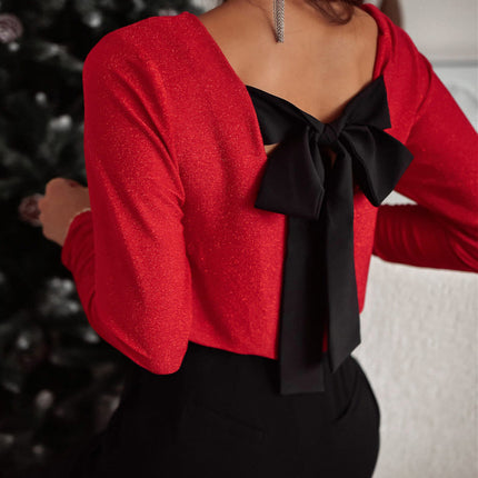 Racing Red Metallic Bowknot Open Back V Neck Top