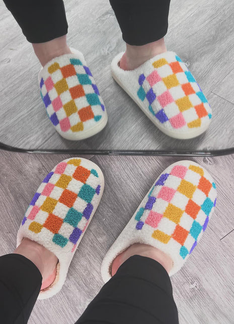 White Vibrant Checkered Plush Thermal Slippers