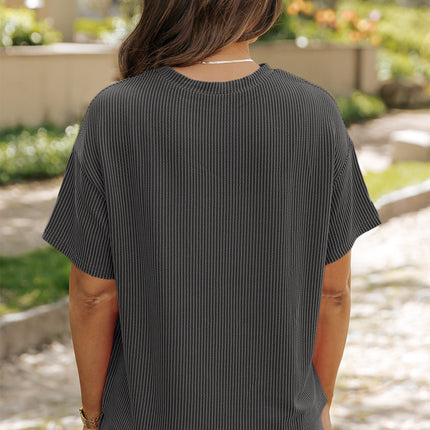 Carbon Grey Ribbed Textured Knit Loose Fit Tee and Shorts Set