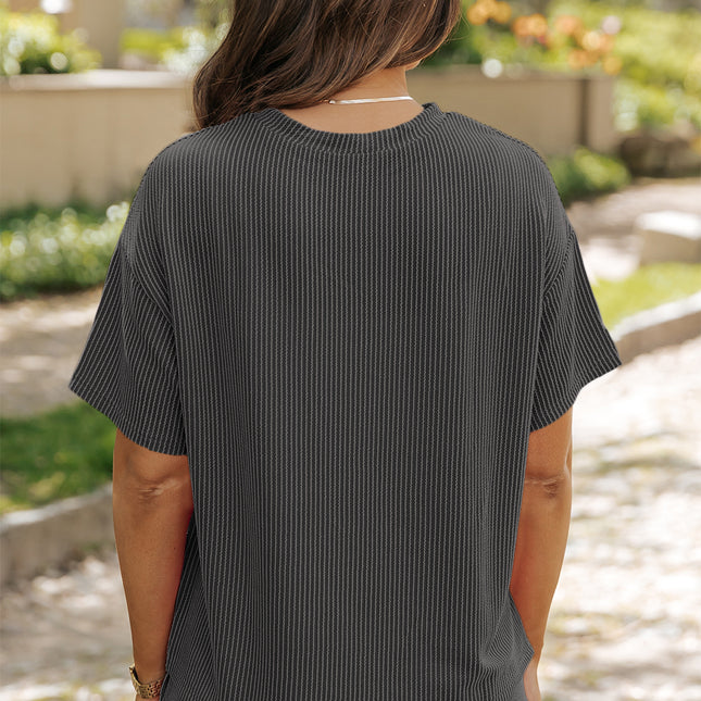 Carbon Grey Ribbed Textured Knit Loose Fit Tee and Shorts Set