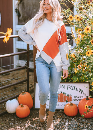 Khaki Colorblock Stitching Irregular Hem Long Sleeve Top