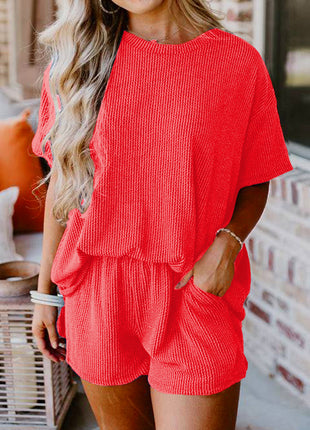 Ribbed Textured Knit Loose Fit Tee and Shorts Set