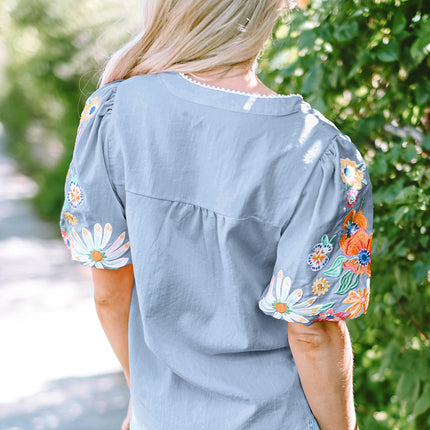 Beau Blue Floral Embroidered Puff Sleeve Split Neck Blouse