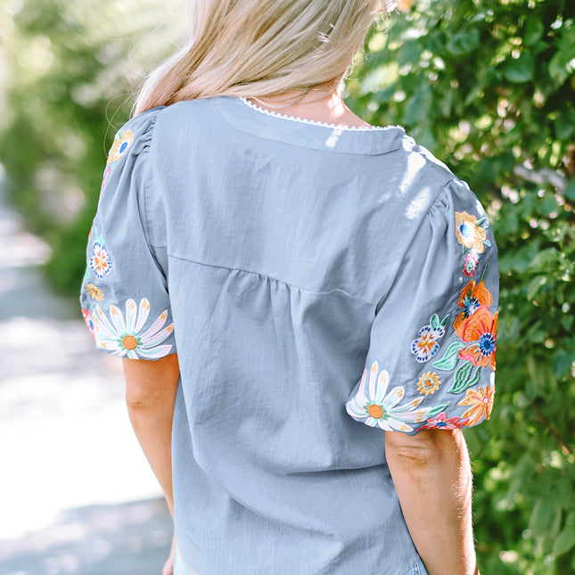 Beau Blue Floral Embroidered Puff Sleeve Split Neck Blouse