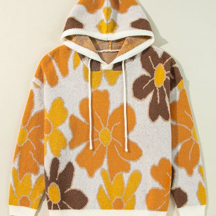 White Large Flower Knitted Drawstring Hooded Plus Size Sweater