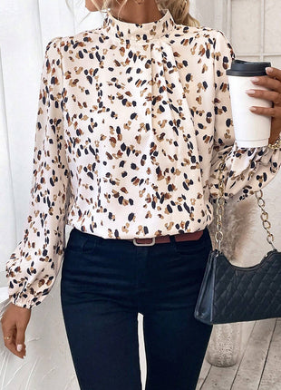White Leopard Print Lantern Sleeve Mock Neck Pleated Blouse