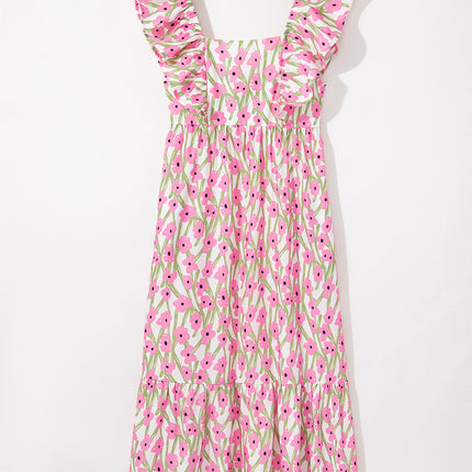 Pink Floral Print Square Neck Ruffled Strap Maxi Dress