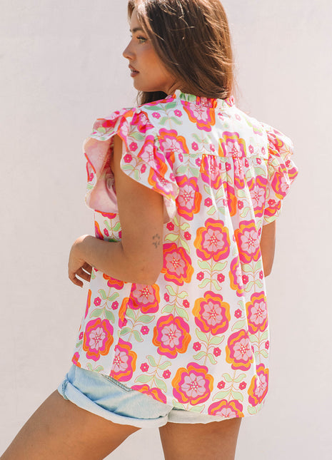 Rose Floral Ruffled Sleeve Ric-rac Trim Split Neck Loose Blouse