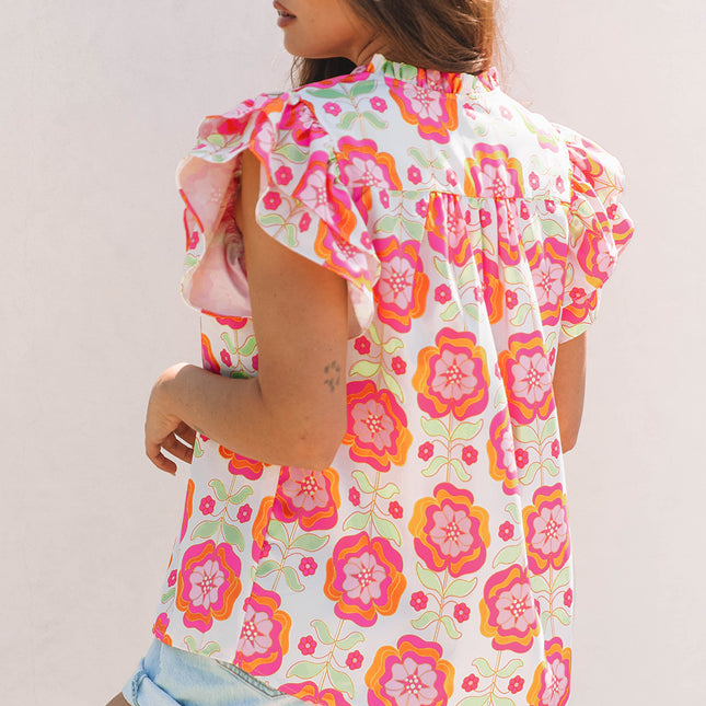 Rose Floral Ruffled Sleeve Ric-rac Trim Split Neck Loose Blouse