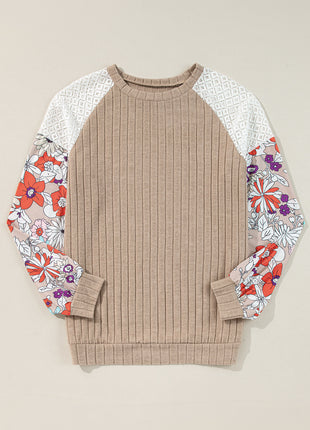 Parchment Floral Patchwork Long Sleeve Ribbed Blouse