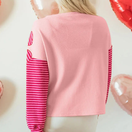 Pink Floral Patch Color Block Striped Sleeve Textured Top Dear-Lover Dropshipping