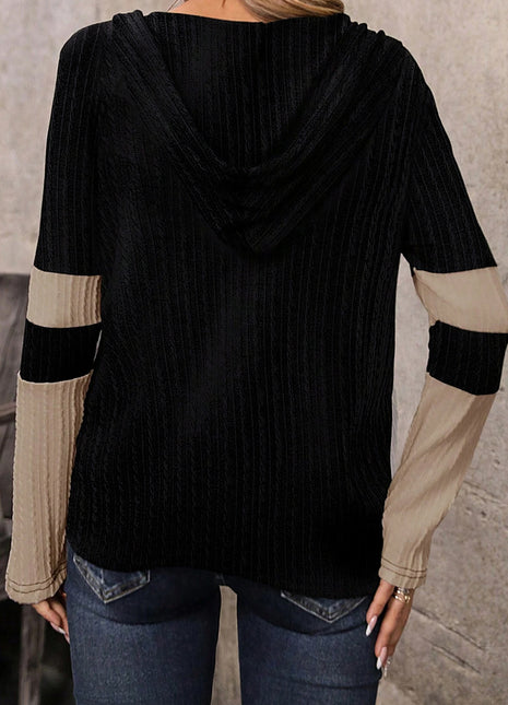 Parchment Textured Colorblock Long Sleeve Quarter Zip Drawstring Hooded Top