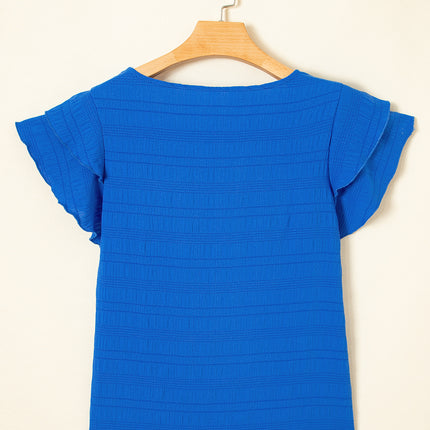 Dark Blue Textured Ruffled Sleeve Round Neck Top