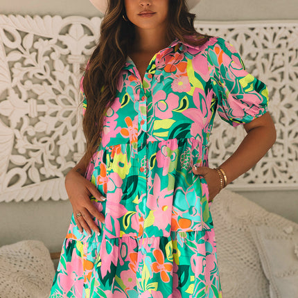 Green Floral Puff Sleeve Collar Buttoned Babydoll Dress