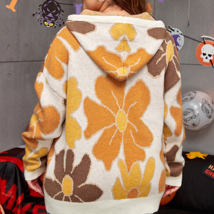 White Large Flower Knitted Drawstring Hooded Plus Size Sweater