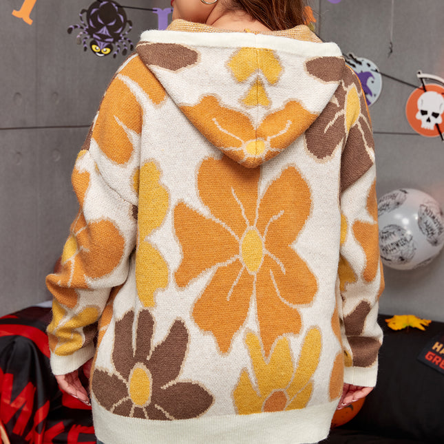 White Large Flower Knitted Drawstring Hooded Plus Size Sweater