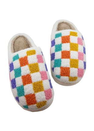 White Vibrant Checkered Plush Thermal Slippers