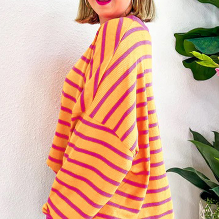 Orange Stripe Trimmed Round Neck Drop Shoulder Loose Sweater