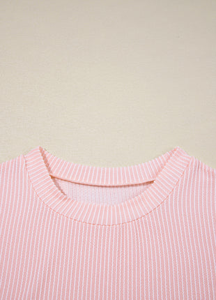 Pink Corded Knit Color Block Pocketed Crew Neck T Shirt