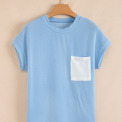 Dark Blue Corded Knit Color Block Pocketed Crew Neck T Shirt