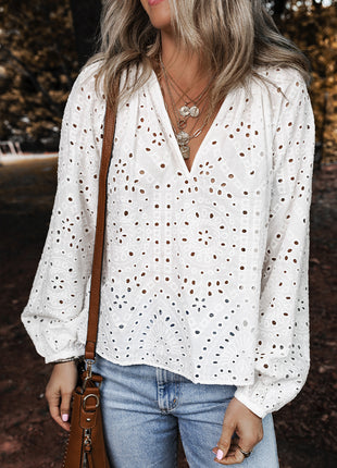 White Eyelet Embroidered Puff Sleeve V Neck Blouse