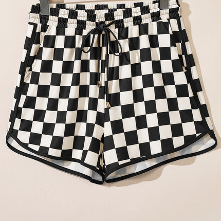 Black Checkered Drawstring Elastic Waist Casual Shorts