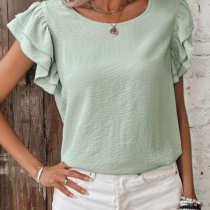 Clearly Aqua Solid Color Ruffled Short Sleeve Casual Blouse