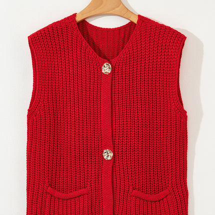 Fiery Red Solid Textured Knit Side Pockets Buttoned Sweater Vest