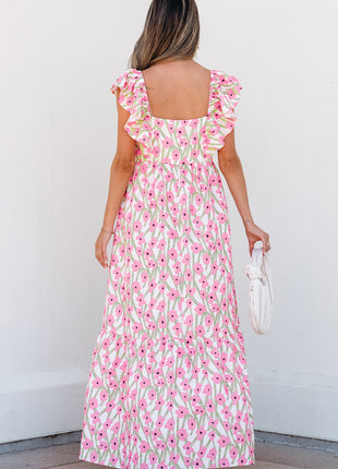 Pink Floral Print Square Neck Ruffled Strap Maxi Dress