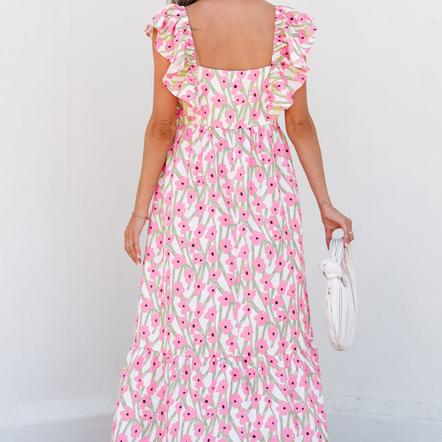 Pink Floral Print Square Neck Ruffled Strap Maxi Dress