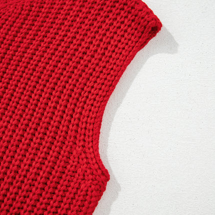 Fiery Red Solid Textured Knit Side Pockets Buttoned Sweater Vest