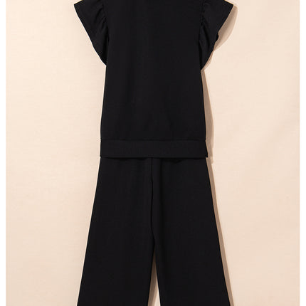 Black Textured Ruffled Sleeve Zipped Top and Wide Leg Pants Set