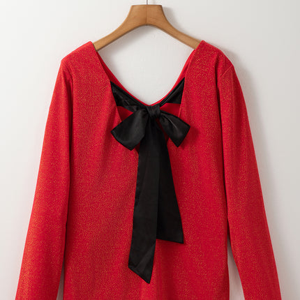 Racing Red Metallic Bowknot Open Back V Neck Top