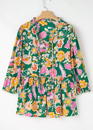 Green Floral Tied V Neck Long Sleeve Plus Size Babydoll Top