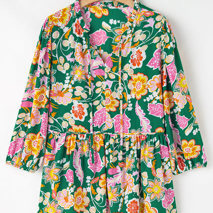 Green Floral Tied V Neck Long Sleeve Plus Size Babydoll Top
