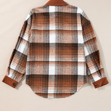 Cinnamon Plaid Corduroy Patchwork Chest Pocket Shacket